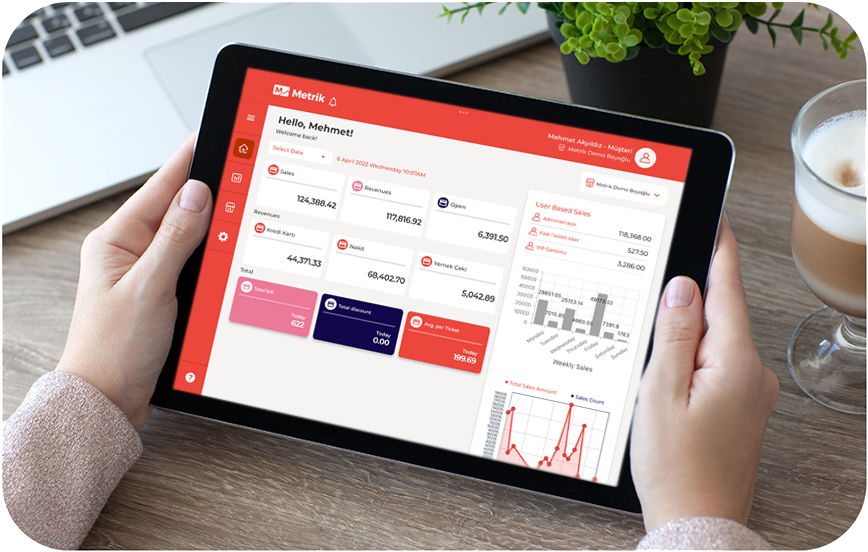 SambaPOS Metrik reporting dashboard on tablet